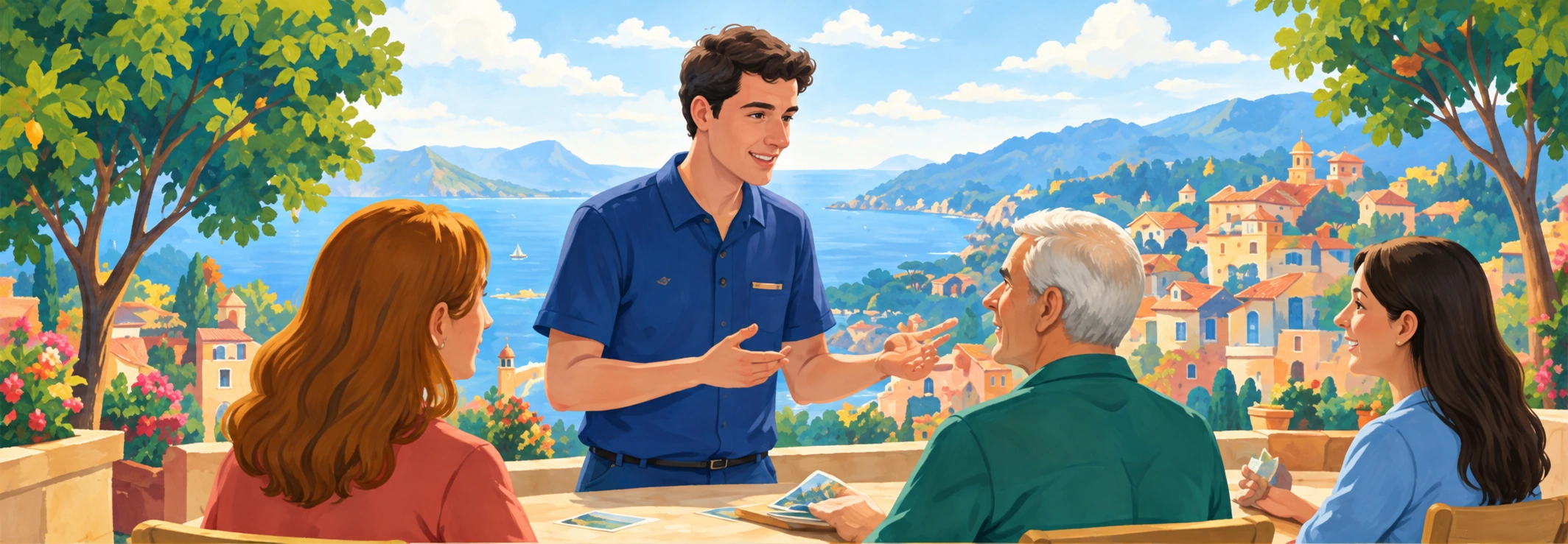 Illustrazione di un incontro formativo su una terrazza affacciata sul territorio